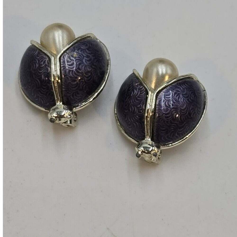 Vintage Guilloche Enamel Purple Bug Insect Scatter Pins Set Of 2 Faux Pearl